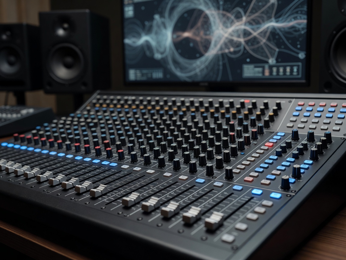 Audio mixing console with ambient neon reflections representing neural music synthesis